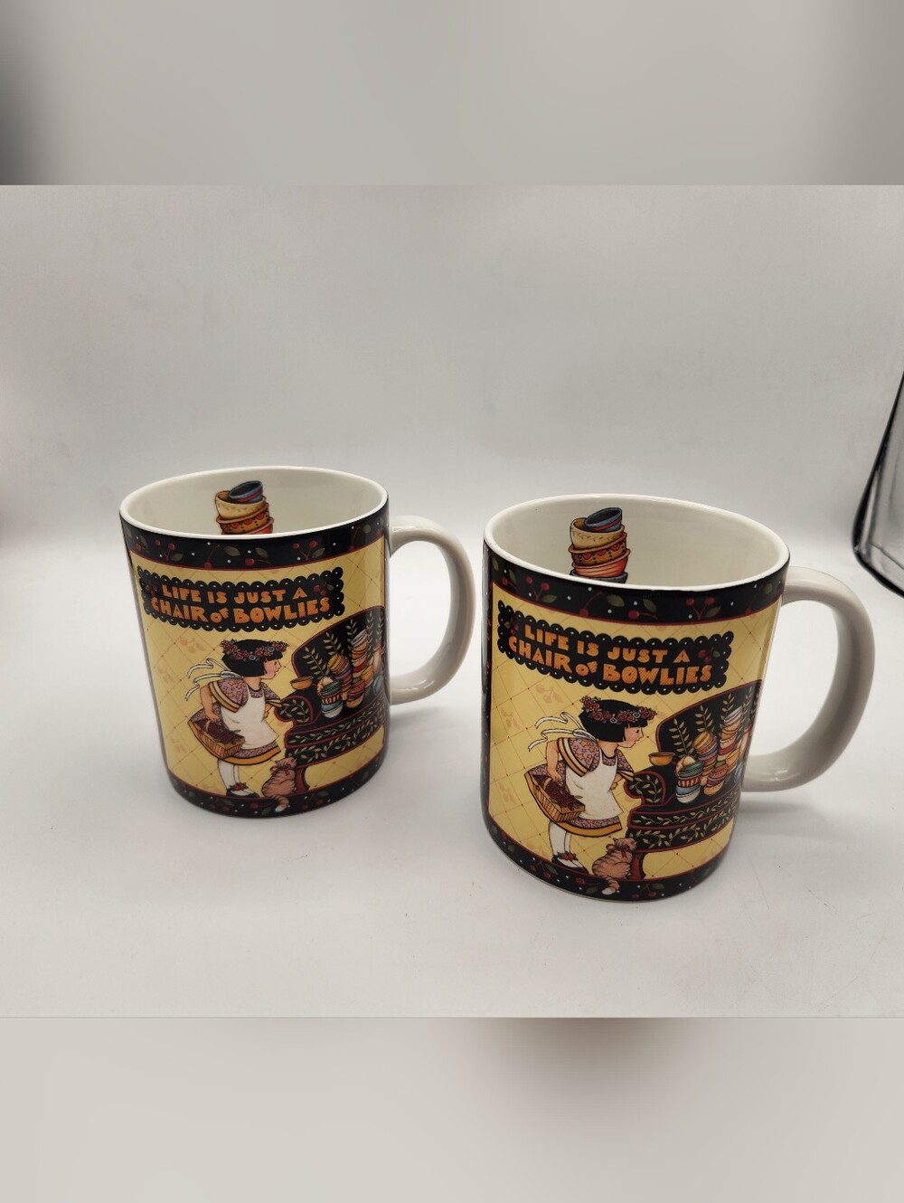 Mary Engelbreit Vibtage Ceramic Coffee Mug Yellow Folk Art Design Set Of 2